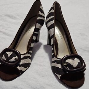 Talbots Open Toe Heels Pumps Brown Cream Zebra Print Size 9B Shoes
